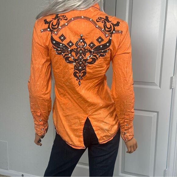 ROAR Signature Embroidered Rhinestone Pearl Snap Shirt Western Biker Sz Large - Picture 2 of 9